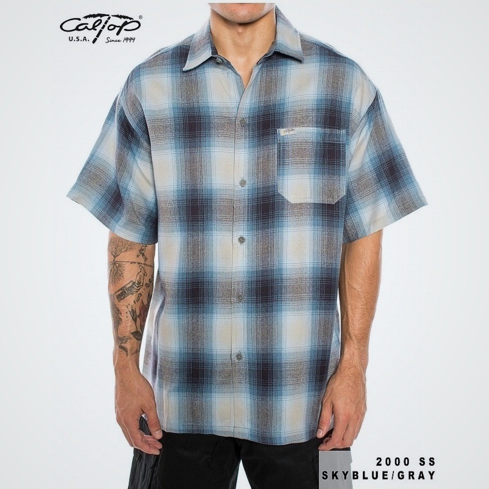 CalTop Men's Button Up SS Flannel Shirt USA Homie Grey Sky Blue Plaid 5XL